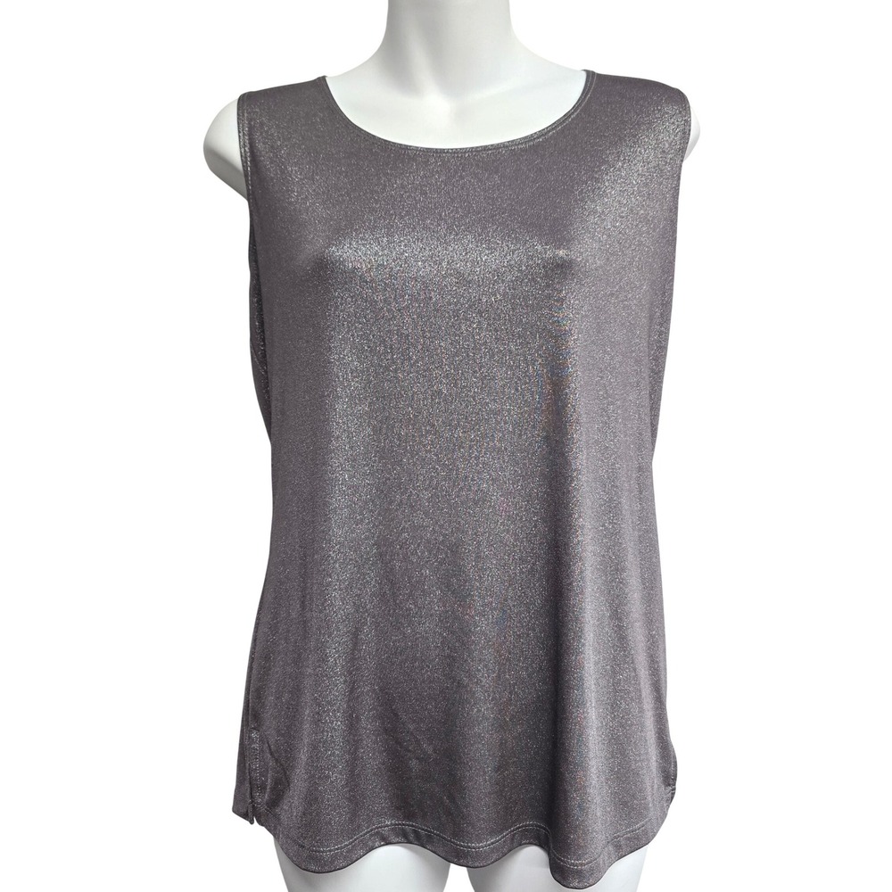 Metallic Shimmer Tank Charcoal Grey Glitter 4-way Stretch Blouse Womens Large